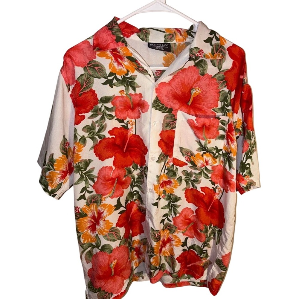 Pacific & Co Mens Small Hibiscus Floral Hawaiian Camp Shirt Red Orange White S